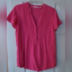 Soft Surroundings Womens Top XS Hot Pink Short Sleeve V Neck Blouse Lined Pleats